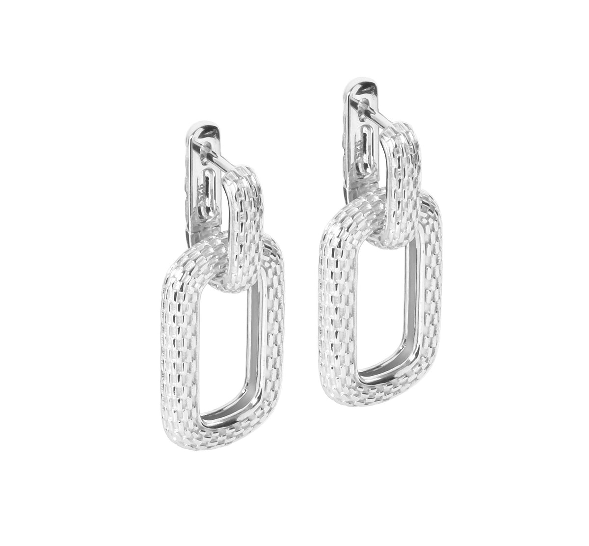 3. Side view of MyaMoon Honey Bee Hoopy Link Charm Earrings in rhodium, studio setting