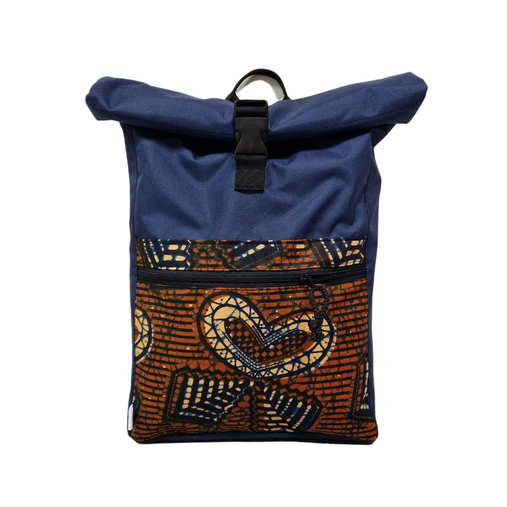 1. Drinbags HEARTBEAT waterproof backpack in blue with patterned front pocket, shown in studio