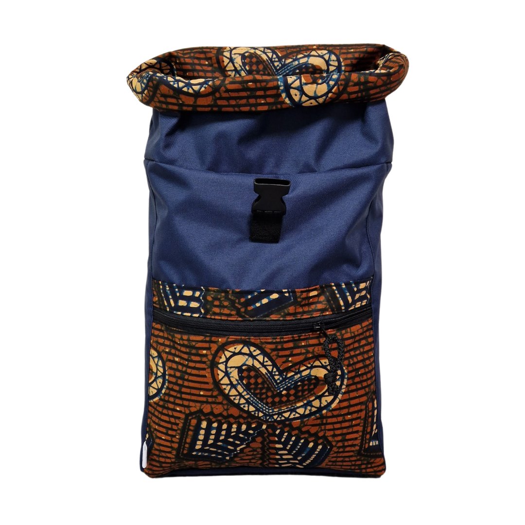 2. Drinbags HEARTBEAT backpack with roll-top closure, blue with patterned design, studio view
