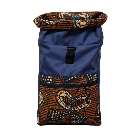 2. Drinbags HEARTBEAT backpack with roll-top closure, blue with patterned design, studio view
