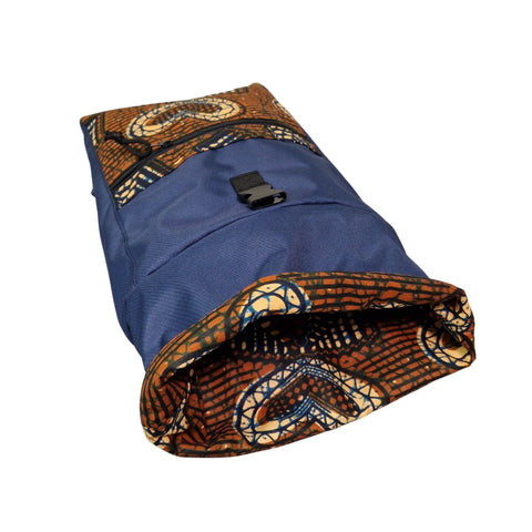 3. Close-up of Drinbags HEARTBEAT backpack, blue with patterned roll-top and front pocket