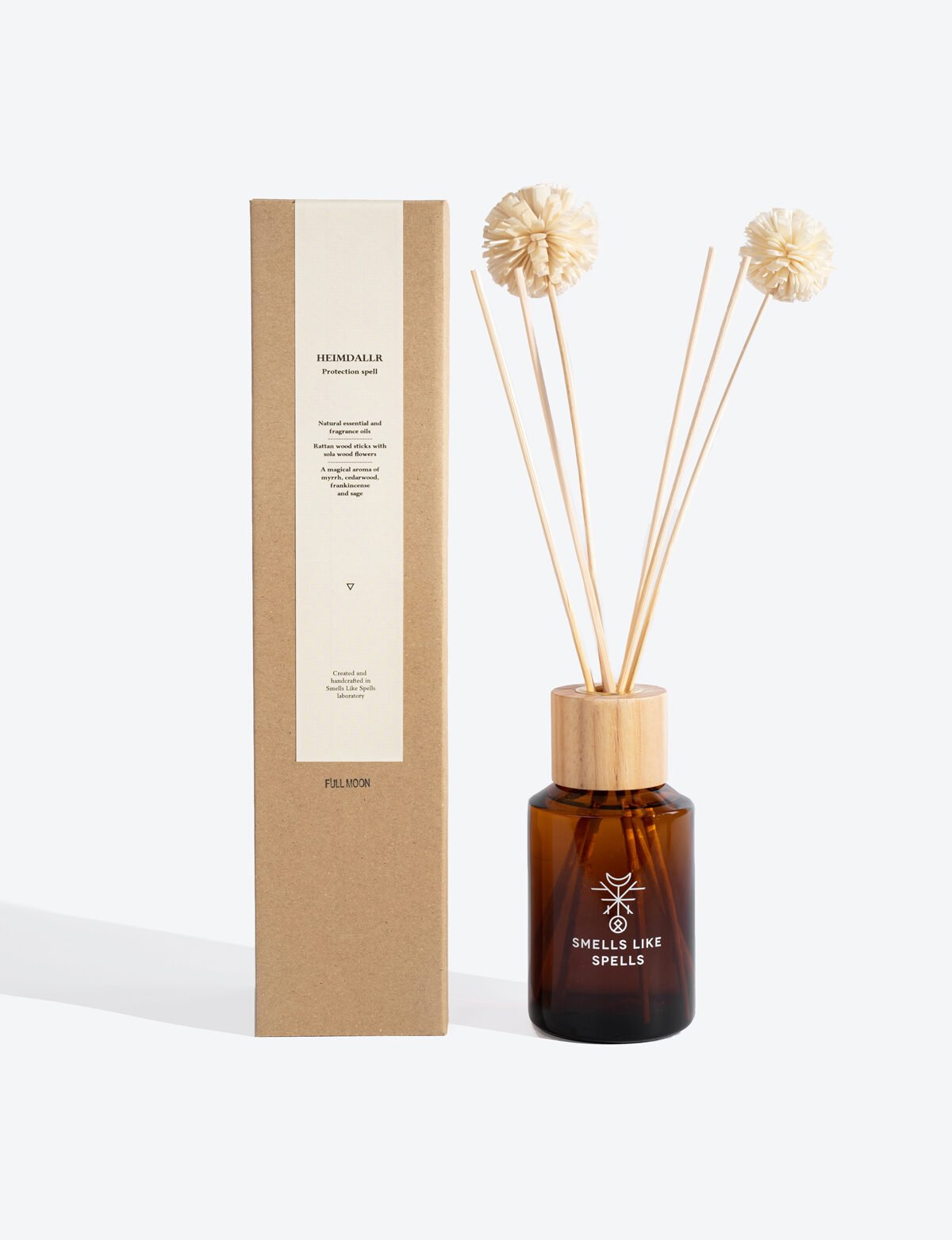 1. Smells Like Spells HEIMDALLR home perfume with packaging, featuring reed diffuser sticks in a brown glass bottle