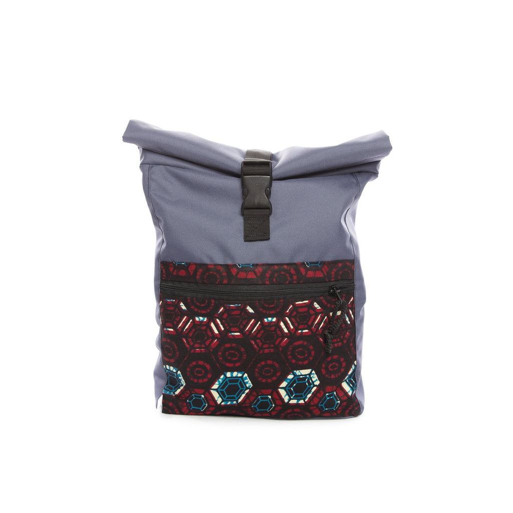 2. Drinbags HEXAGON waterproof backpack in blue with hexagon pattern, front view with roll-top closure