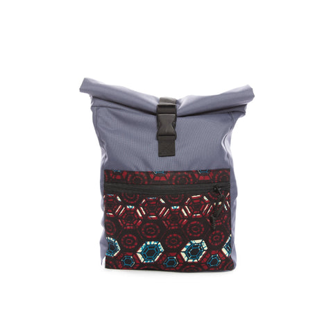 2. Drinbags HEXAGON waterproof backpack in blue with hexagon pattern, front view with roll-top closure