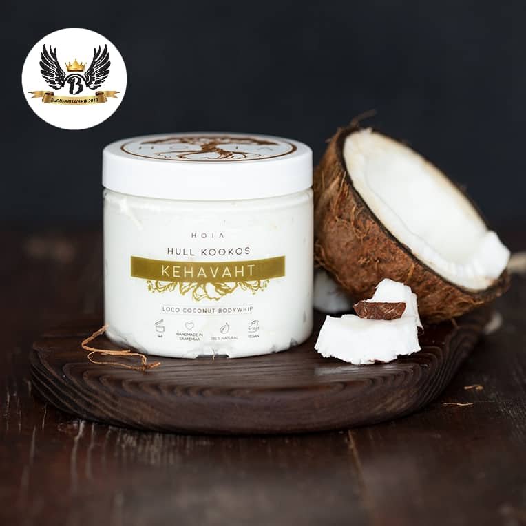 1. HOIA homespa Loco Coconut Body Whip 200ML jar with coconut pieces, shown on a wooden surface
