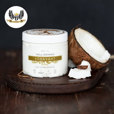 1. HOIA homespa Loco Coconut Body Whip 200ML jar with coconut pieces, shown on a wooden surface