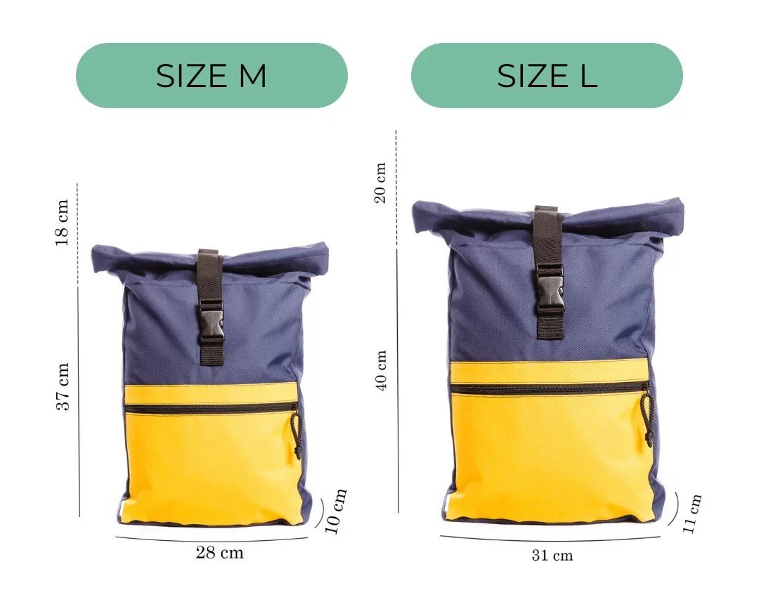 3. Size chart for Drinbags CRAZY COLORS waterproof backpack showing medium and large dimensions in cm