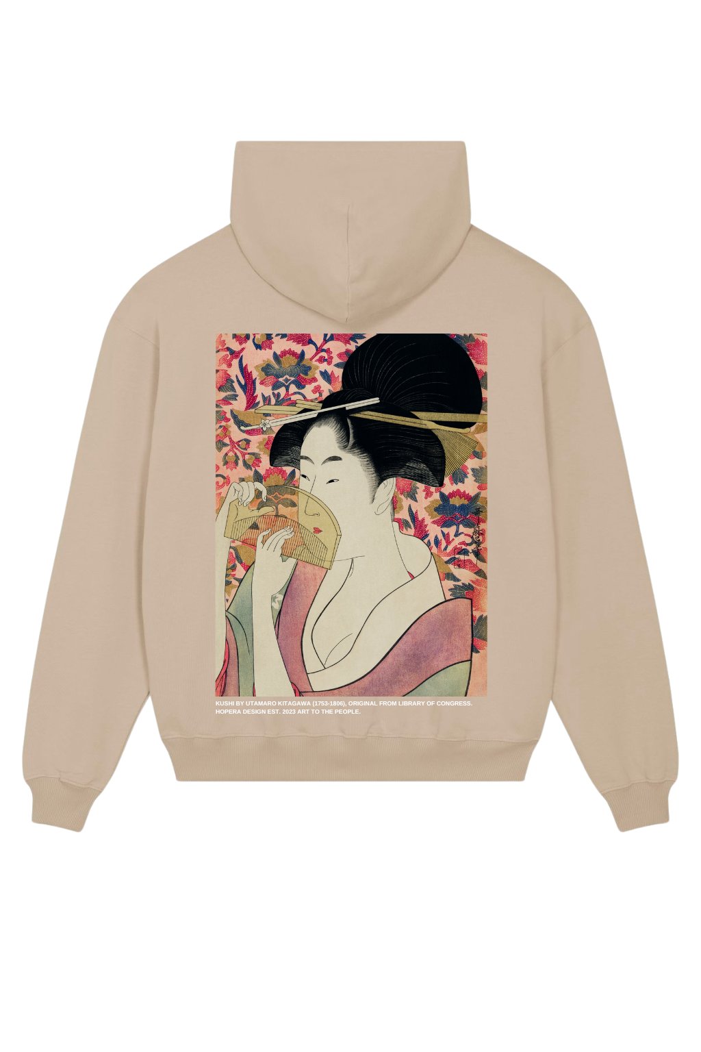 1. Hopera women's oversized beige hoodie featuring Utamaro Kitagawa's Ukiyo-e art on the back, shown in studio