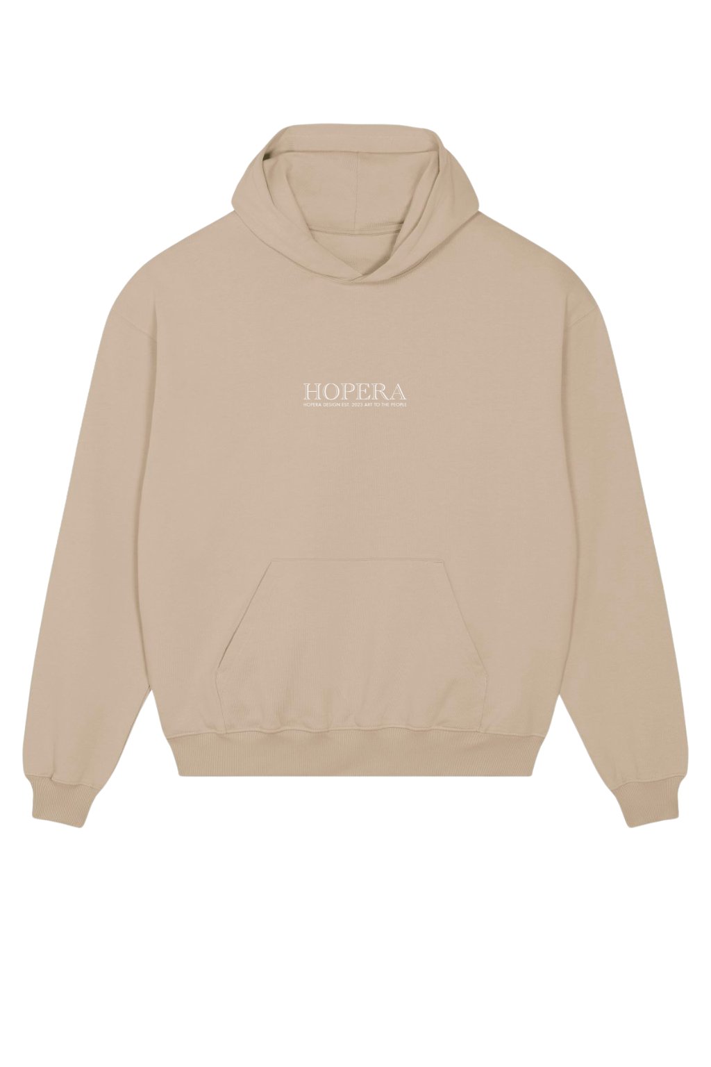 3. Front view of Hopera women's oversized beige hoodie with kangaroo pocket and brand logo, shown in studio