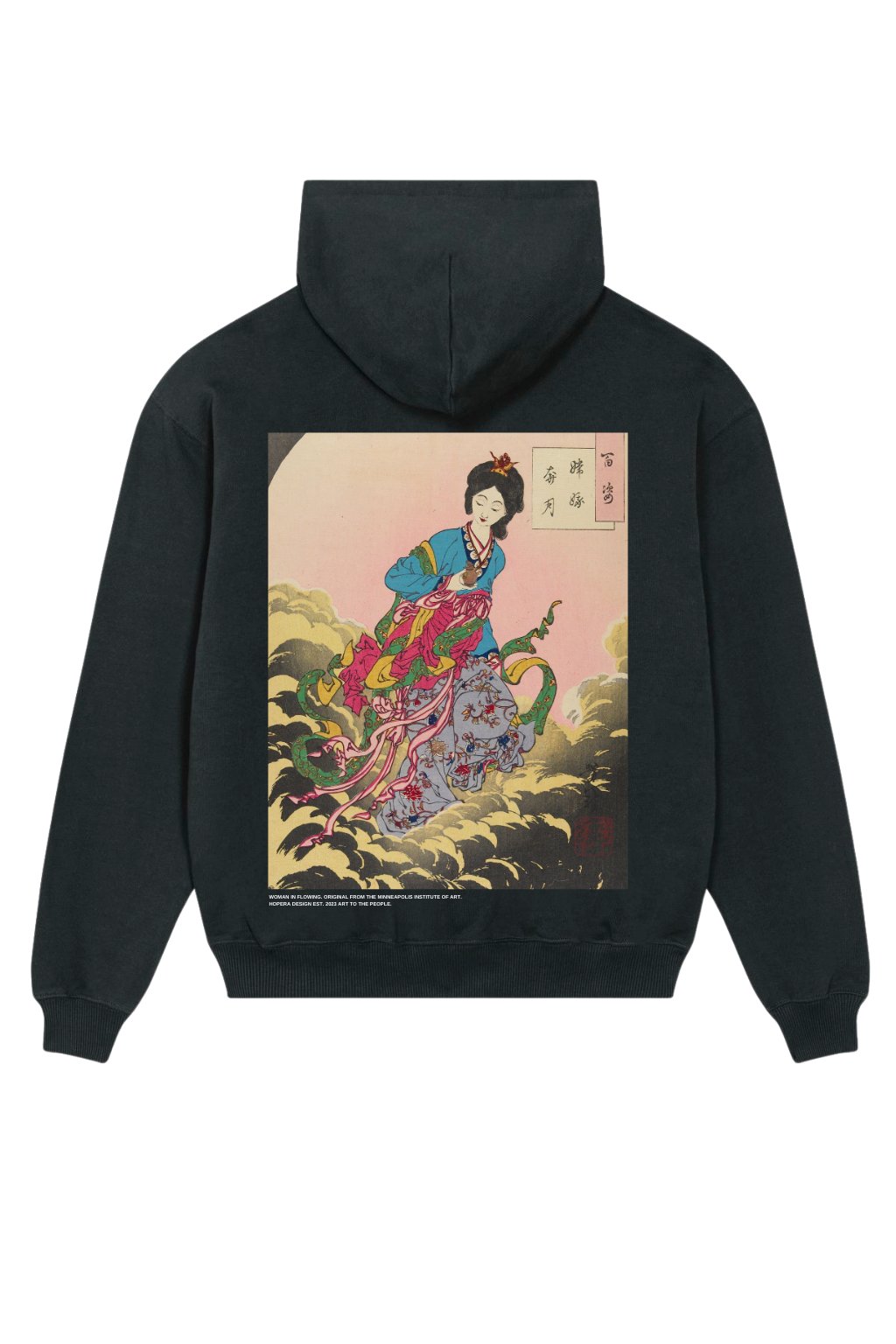 1. Women's heavy-weight premium hoodie by Hopera featuring 'Woman in Flowing Draperies' artwork on the back, shown in studio setting