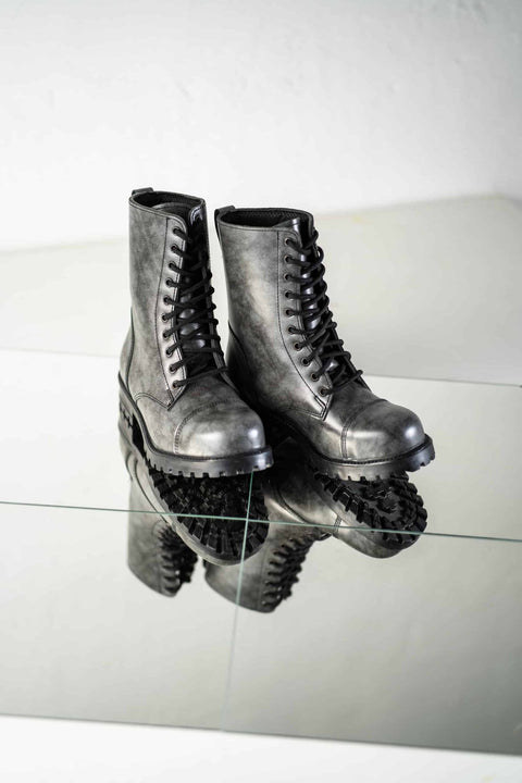 5. Front view of Samelin 511 Gray boots on reflective surface, highlighting lace-up design and leather material