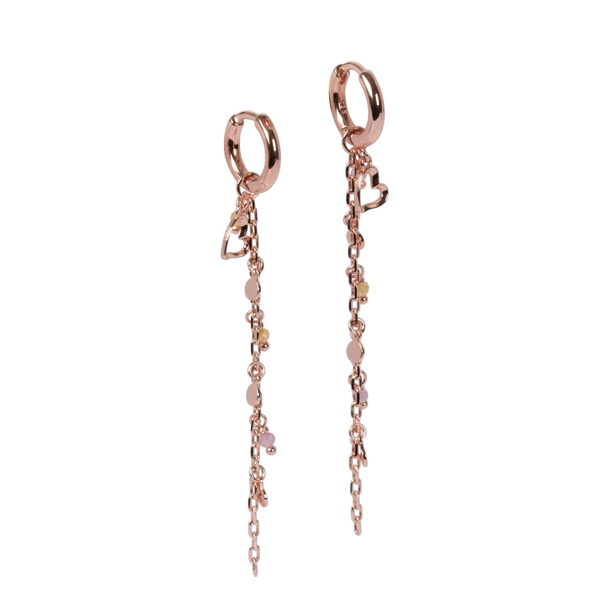 1. MyaMoon Helena♡ earrings in rose gold with detachable pendant, featuring a 6 cm chain adorned with a heart, tiny pearls, and beads, shown in studio setting