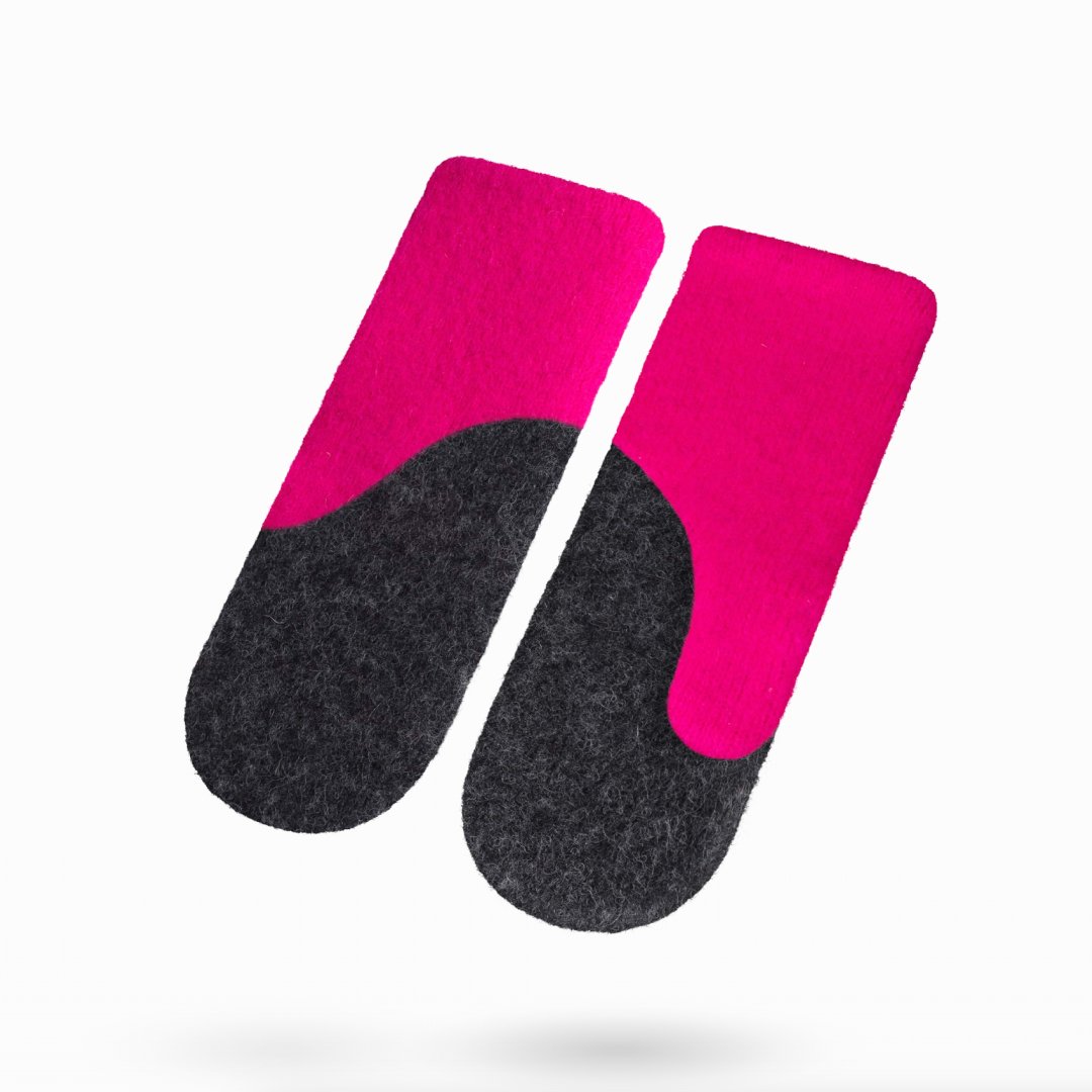 3. Studio image of HERTTA neon pink and dark grey felted wool mittens