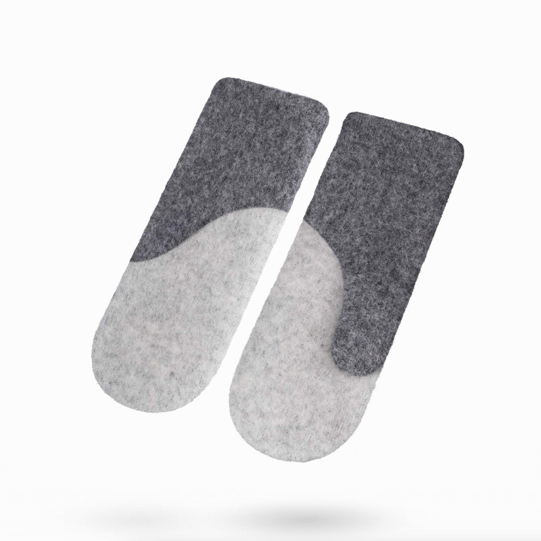 1. Studio image of HERTTA felted wool mittens in medium grey and lightest grey, showcasing the dual-tone design