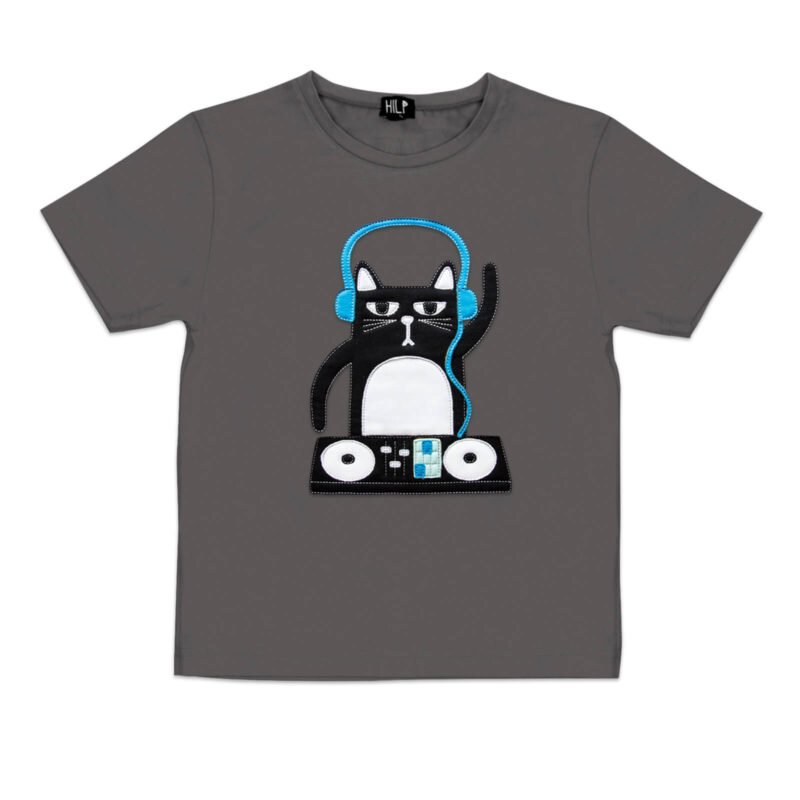 2. Kids DJ Cat T-Shirt in dark gray with fun cat DJ design, by HILP