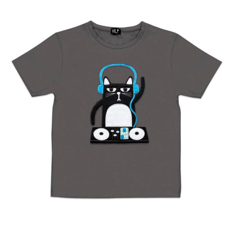 2. Kids DJ Cat T-Shirt in dark gray with fun cat DJ design, by HILP
