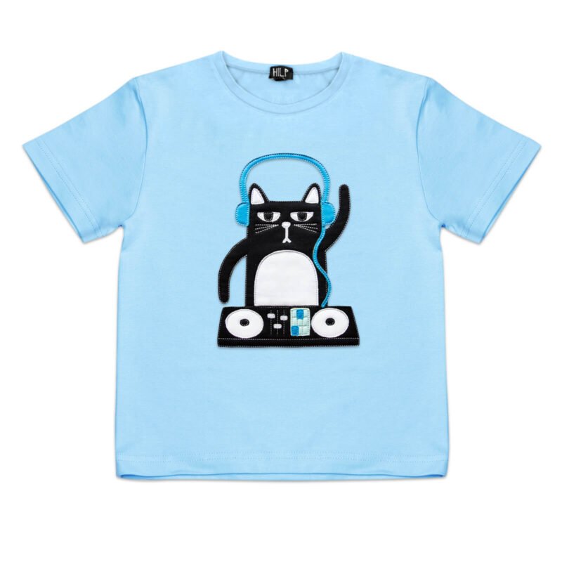 1. Kids DJ Cat T-Shirt in light blue featuring playful cat with headphones and DJ setup, by HILP
