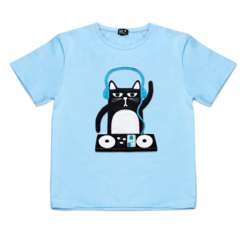 1. Kids DJ Cat T-Shirt in light blue featuring playful cat with headphones and DJ setup, by HILP