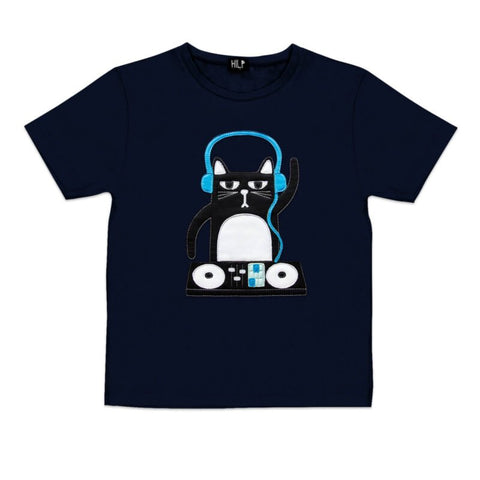 3. Kids DJ Cat T-Shirt in navy blue showcasing cat with headphones and DJ equipment, by HILP