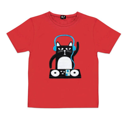 4. Kids DJ Cat T-Shirt in vibrant red featuring cat DJ graphic, by HILP