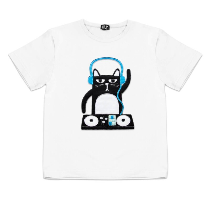 5. Kids DJ Cat T-Shirt in white with playful cat DJ motif, by HILP