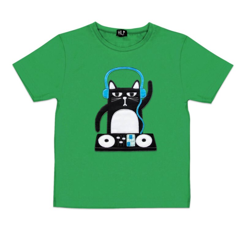6. Kids DJ Cat T-Shirt in green with fun DJ cat design, by HILP