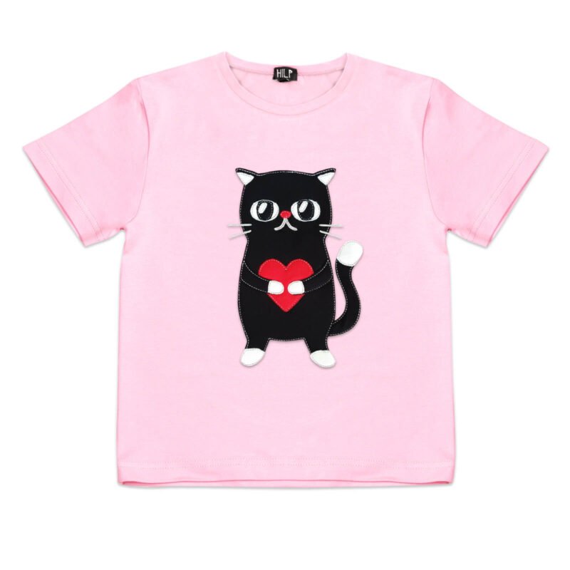 2. Kids Heartful Cat T-Shirt in light pink by HILP, showcasing a playful black cat with a heart motif, crafted from breathable cotton fabric