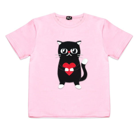 2. Kids Heartful Cat T-Shirt in light pink by HILP, showcasing a playful black cat with a heart motif, crafted from breathable cotton fabric