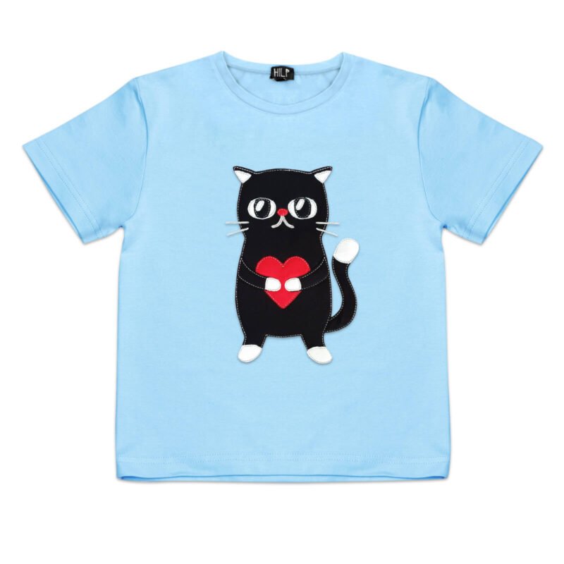 3. Kids Heartful Cat T-Shirt in light blue by HILP, displaying an adorable black cat holding a heart, made from stretchy cotton material