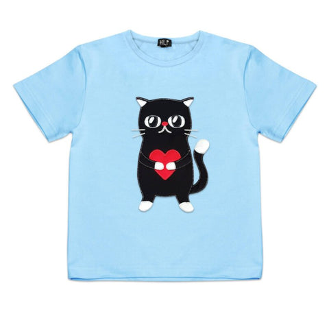 3. Kids Heartful Cat T-Shirt in light blue by HILP, displaying an adorable black cat holding a heart, made from stretchy cotton material