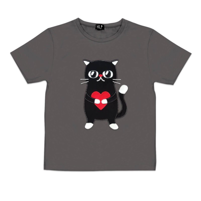 4. Kids Heartful Cat T-Shirt in grey by HILP, featuring a charming black cat with a heart design, designed for comfort and easy movement