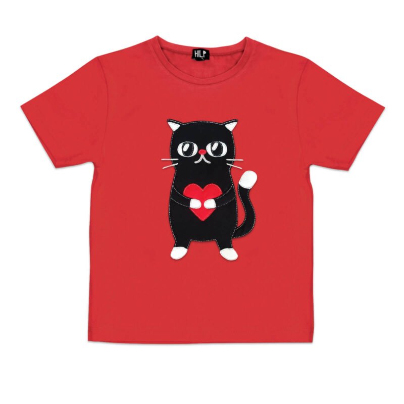 1. Kids Heartful Cat T-Shirt in red by HILP, featuring a cute black cat with a heart design, made from soft cotton blend