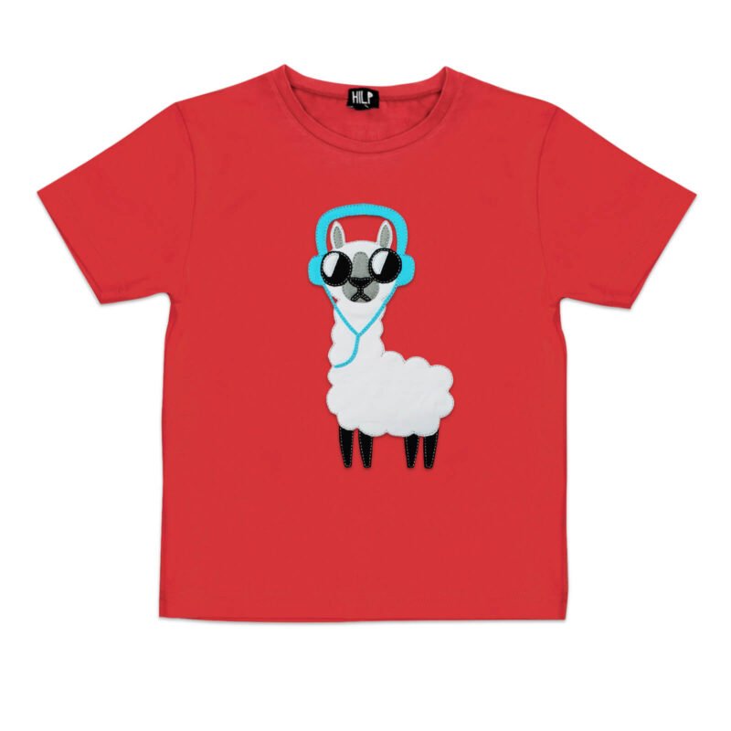 2. Kids No Drama Llama T-Shirt in vibrant red by HILP, showcasing a fun llama design with headphones, crafted from breathable cotton
