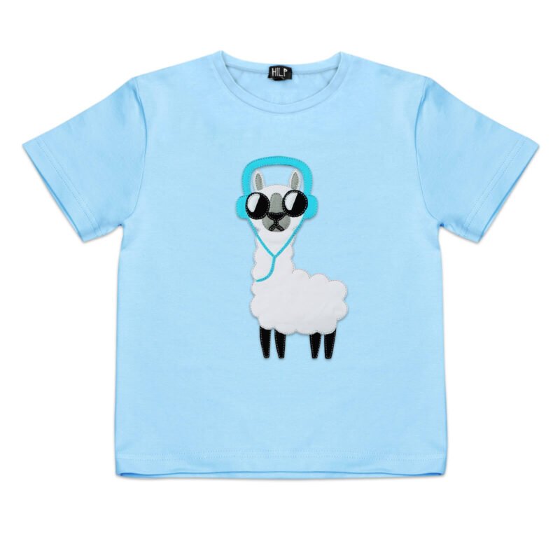 3. Kids No Drama Llama T-Shirt in light blue by HILP, with a cute llama wearing headphones, made from soft cotton fabric