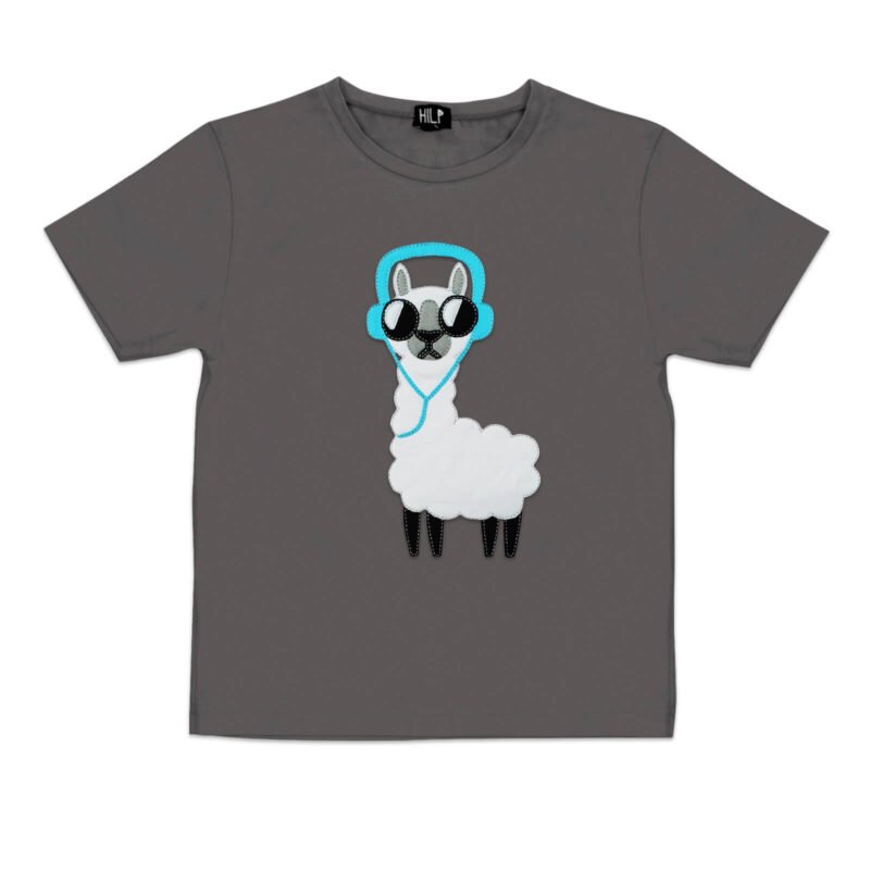 4. Kids No Drama Llama T-Shirt in grey by HILP, featuring a stylish llama graphic with headphones, designed for comfort and play