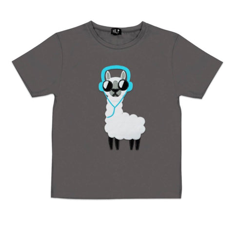 4. Kids No Drama Llama T-Shirt in grey by HILP, featuring a stylish llama graphic with headphones, designed for comfort and play