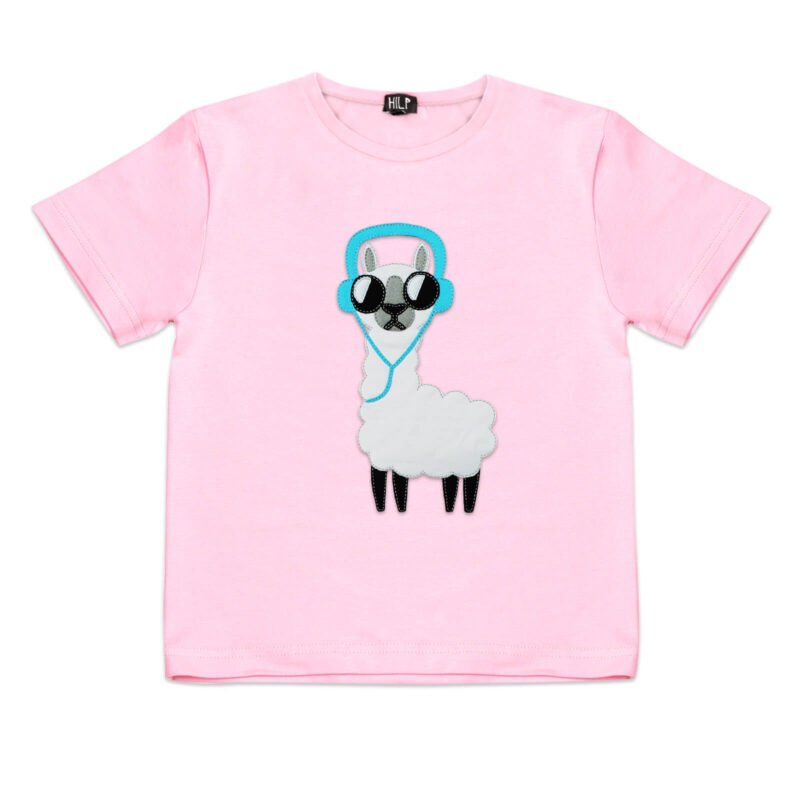 1. Kids No Drama Llama T-Shirt in light pink by HILP, featuring a playful llama graphic with headphones, made from stretchy cotton blend