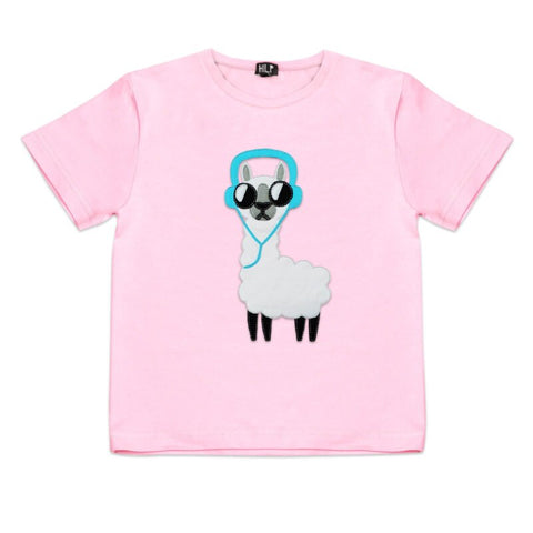 1. Kids No Drama Llama T-Shirt in light pink by HILP, featuring a playful llama graphic with headphones, made from stretchy cotton blend