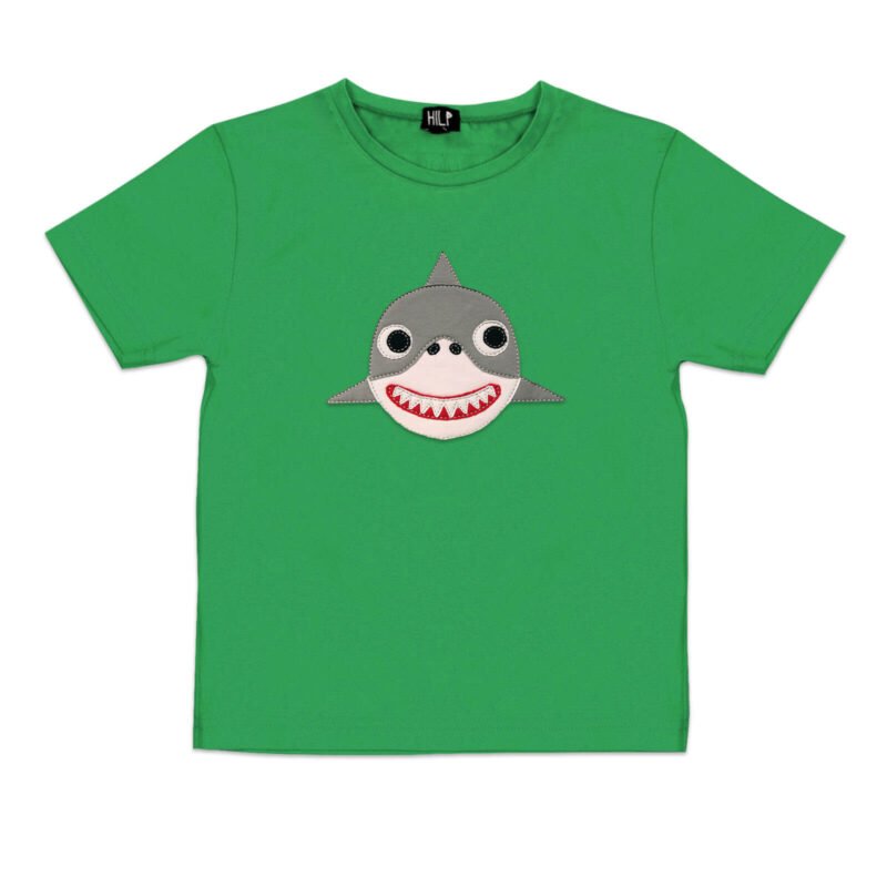 1. Kids green shark t-shirt by HILP featuring playful shark graphic, studio shot