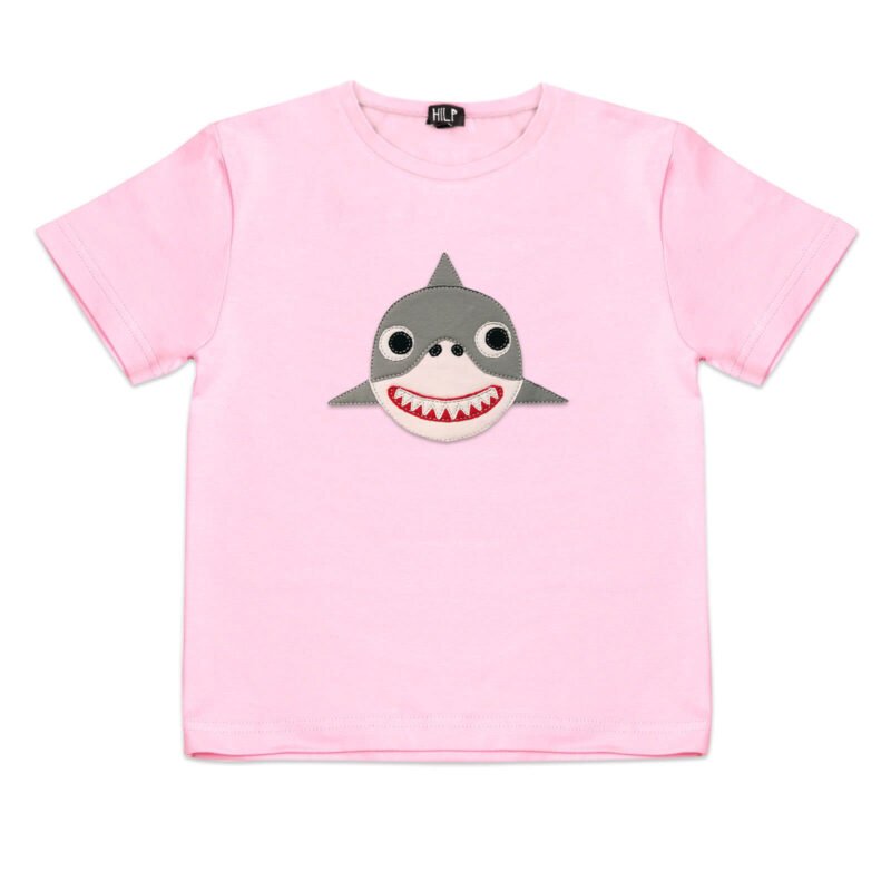 6. Kids pink shark t-shirt by HILP with playful shark illustration, studio shot