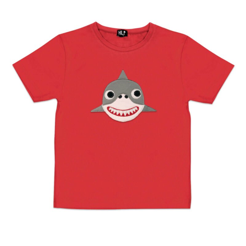 2. Kids red shark t-shirt by HILP with fun shark design, studio setting