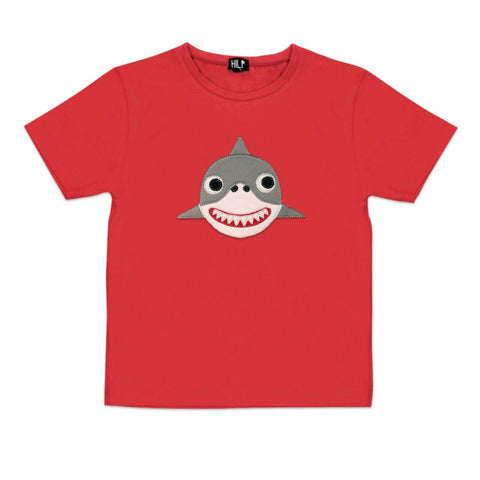 2. Kids red shark t-shirt by HILP with fun shark design, studio setting