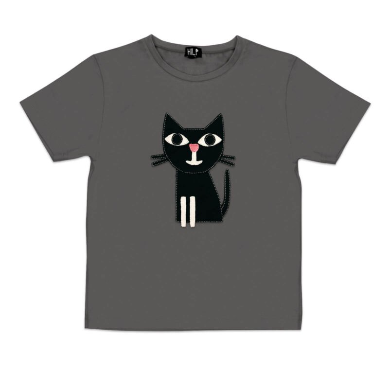 1. Kids grey cat t-shirt by HILP featuring a playful black cat design, made from stretchy cotton blend