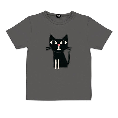 1. Kids grey cat t-shirt by HILP featuring a playful black cat design, made from stretchy cotton blend