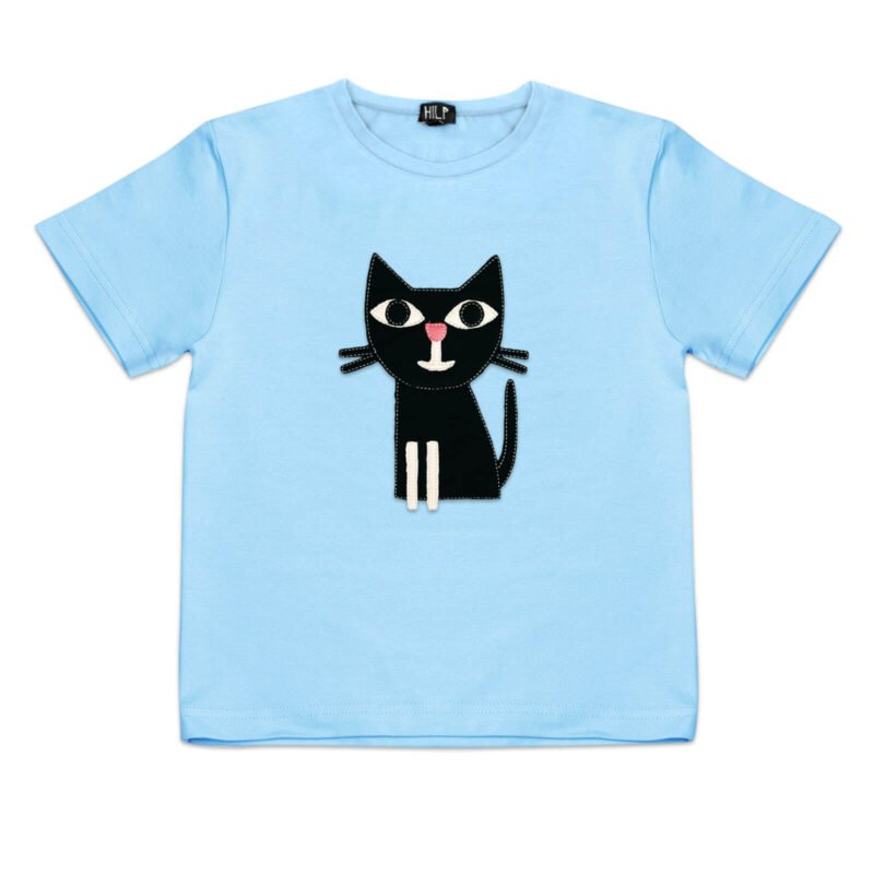 4. Kids light blue cat t-shirt by HILP featuring an adorable black cat motif, made from eco-friendly materials