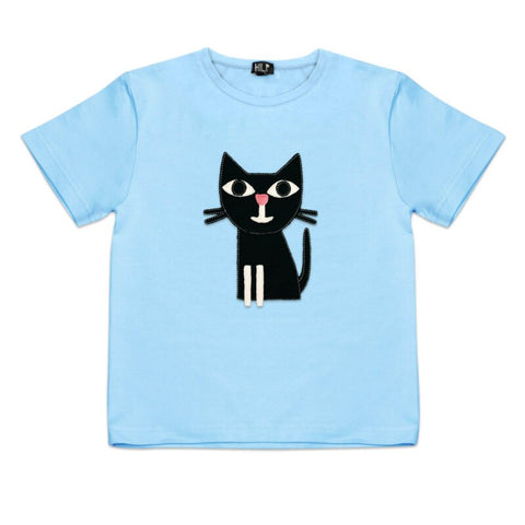 4. Kids light blue cat t-shirt by HILP featuring an adorable black cat motif, made from eco-friendly materials