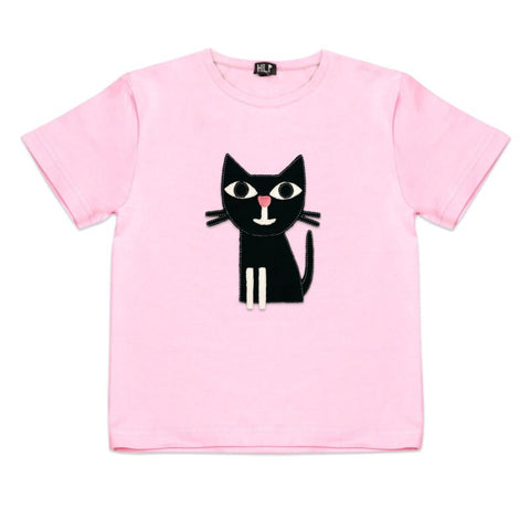 2. Kids light pink cat t-shirt by HILP with a cute black cat graphic, crafted from soft cotton elastane