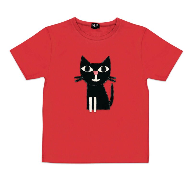 5. Kids red cat t-shirt by HILP with a charming black cat illustration, perfect for everyday adventures