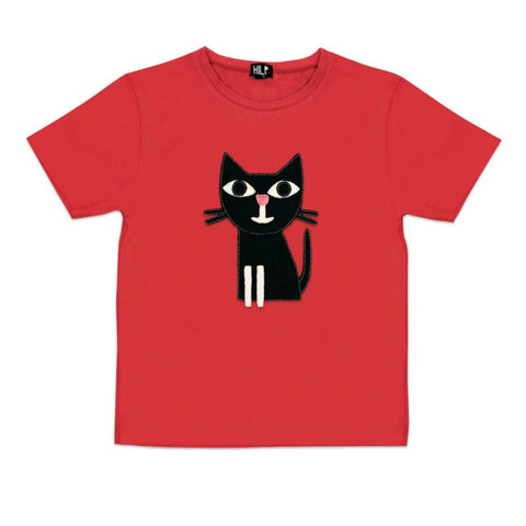 5. Kids red cat t-shirt by HILP with a charming black cat illustration, perfect for everyday adventures
