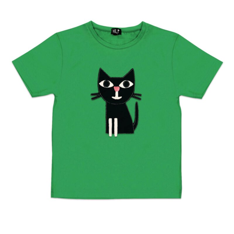 3. Kids green cat t-shirt by HILP showcasing a fun black cat print, designed for comfort and play